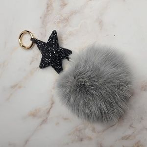 Real fur pom pom with black crystal established star key chain bag charm